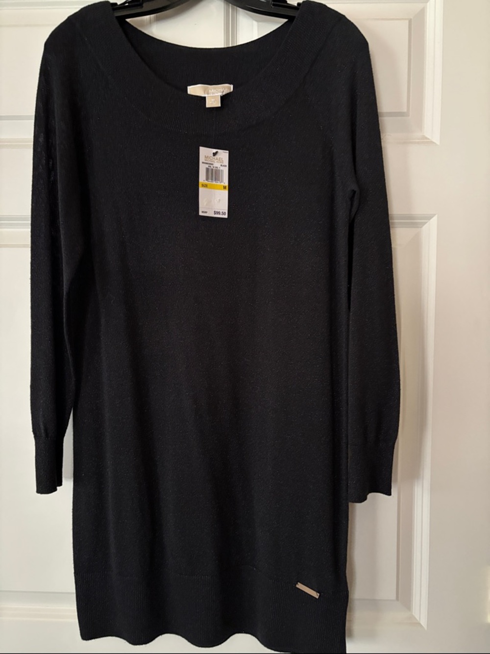 Michael Kors Shimmery Black Long-Sleeve Knit Dress with Logo Plaque